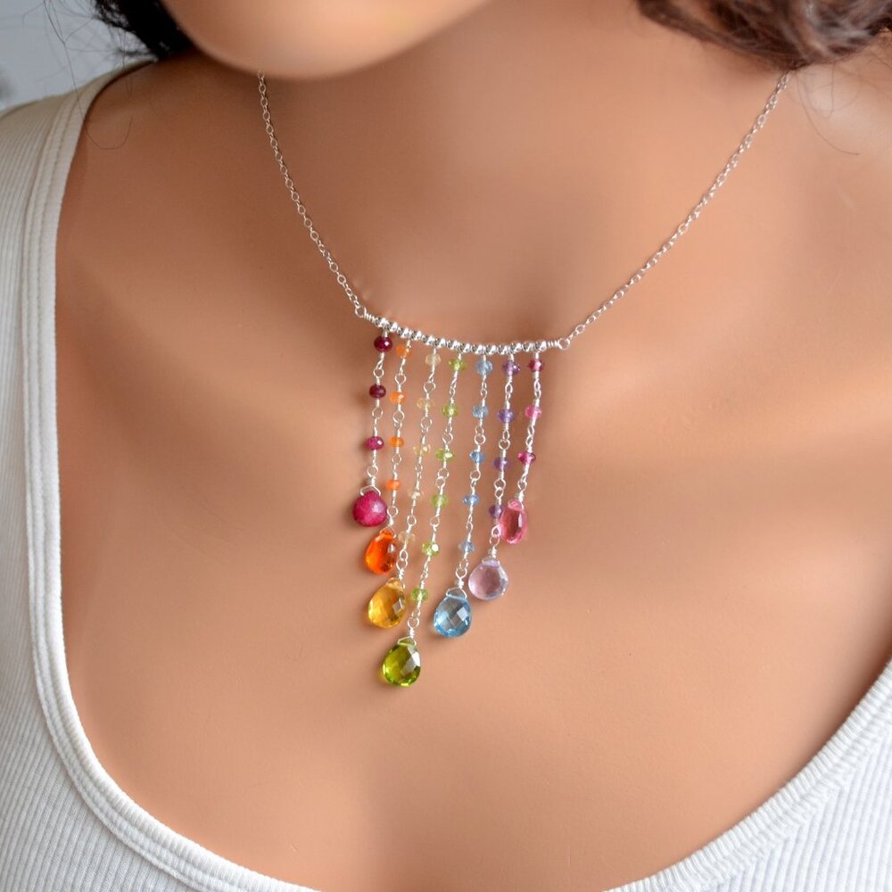 Rainbow Gemstone Fringe Necklace in Sterling Silver